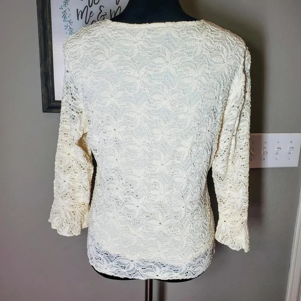 Brittany Black Vtg 90s/Y2K Stretchy Lacey Long Sleeve Lined Top Ivory S/M - Picture 8 of 12